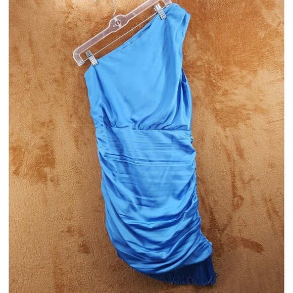SAYLOR Cocktail Dress Womens Medium Blue One Shoulder Satin Fringe SAINTE - Picture 5 of 9